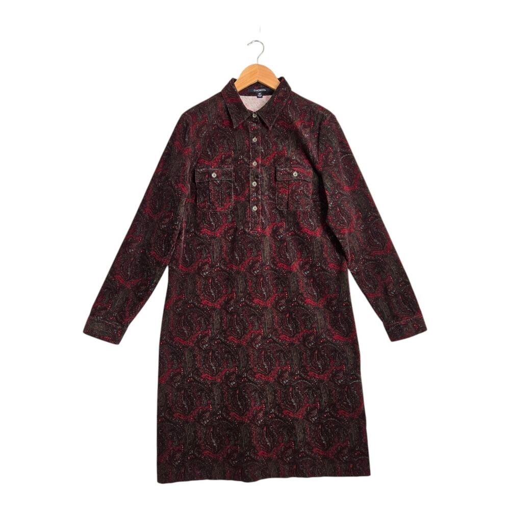 Y2K Vintage Chadwicks Paisley Shirt Dress 16T Red Green Button Up Dark Academia